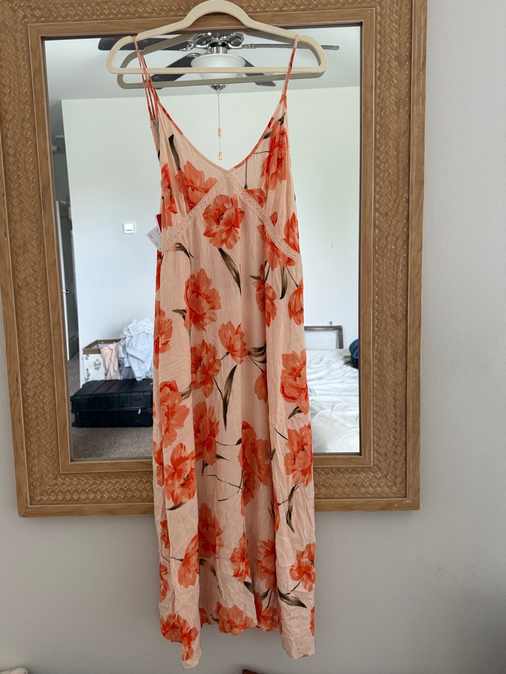 Patrons of Peace Peach Floral Maxi Dress XL NWT Lace Trim Summer
